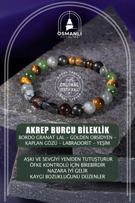 Akrep Burcu Bileklik Bordo Granat Lal, Golden Obsidyen, Kaplan Gözü, Labradorit, Yeşim - 2