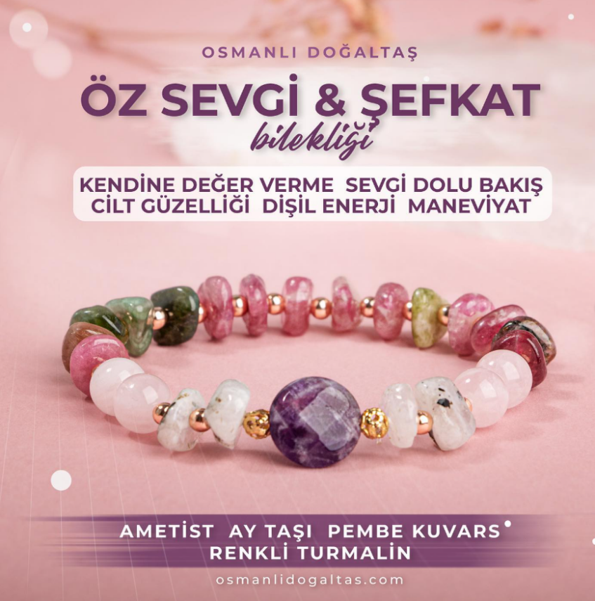 Ametist-Ay Taşı-Pembe Kuvars-Renkli Turmalin Doğal Taş Bileklik - 1