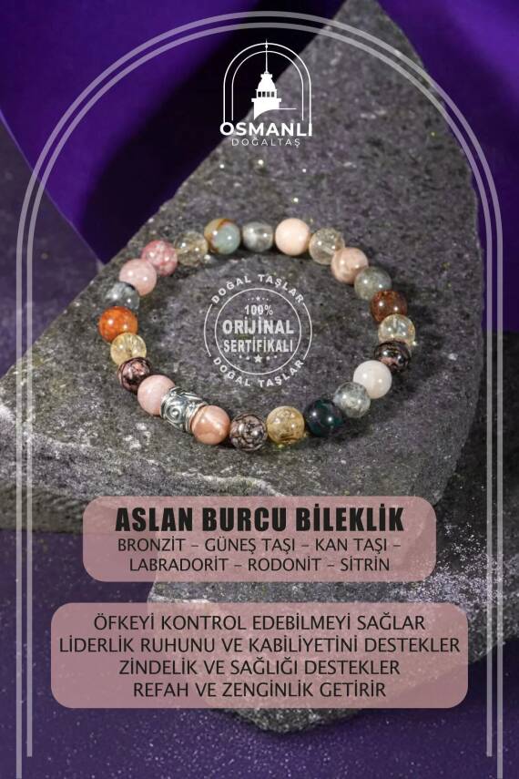 Aslan Burcu Bileklik Bronzit, Güneş Taşı, Kan Taşı, Labradorit, Rodonit, Sitrin - 2