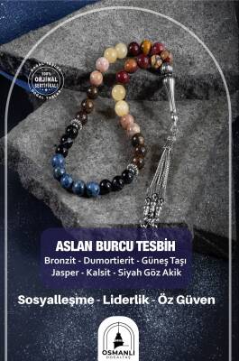 Aslan Burcu Tesbih Bronzit, Dumortierit, Güneş Taşı, Jasper, Kalsit, Siyah Göz Akik - 2