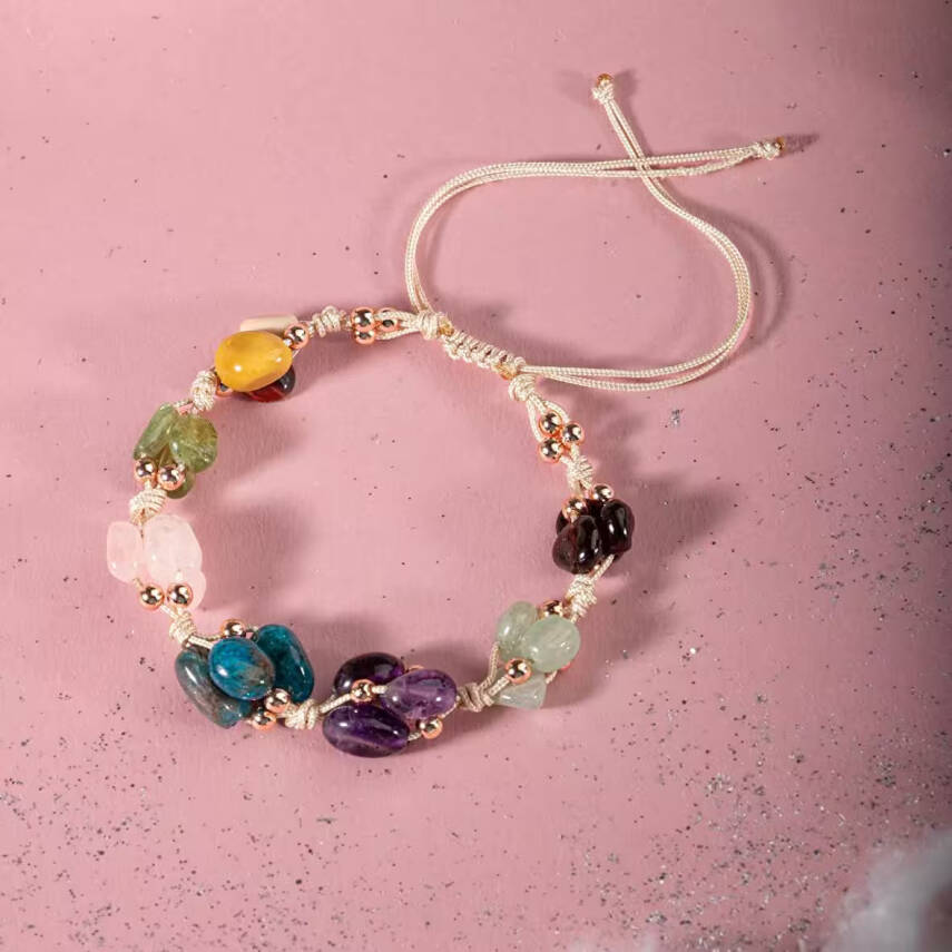 Başak Burcu Bileklik Ametist, Bordo Granat Lal, Jasper, Mavi Apatit, Pembe Kuvars, Yeşil Aventurin, Zebercet (Peridot) - 2