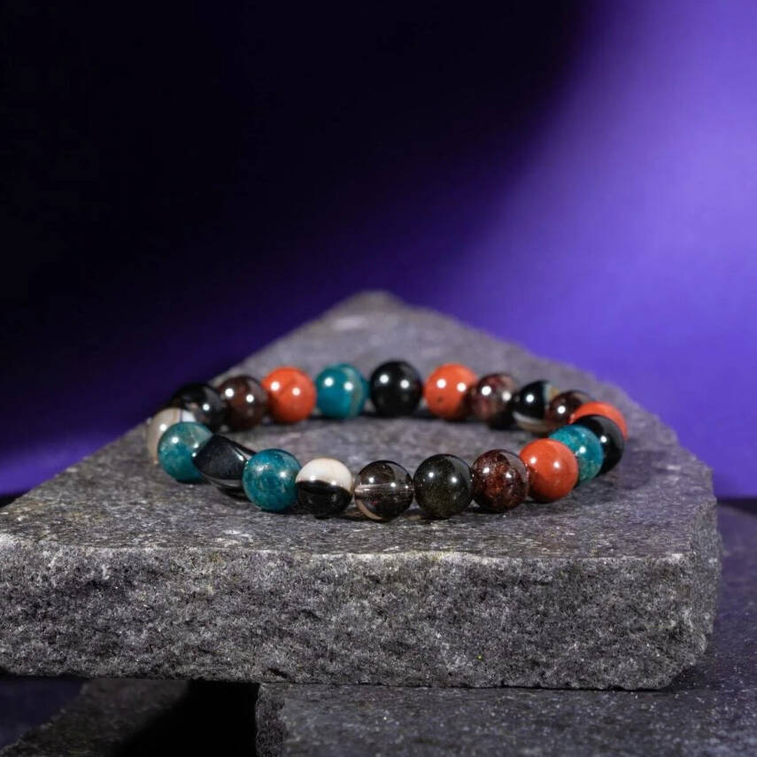 Başak Burcu Bileklik Bordo Granat Lal, Dumanlı Kuvars, Golden Obsidyen, Jasper, Mavi Apatit, Siyah Göz Akik - 4