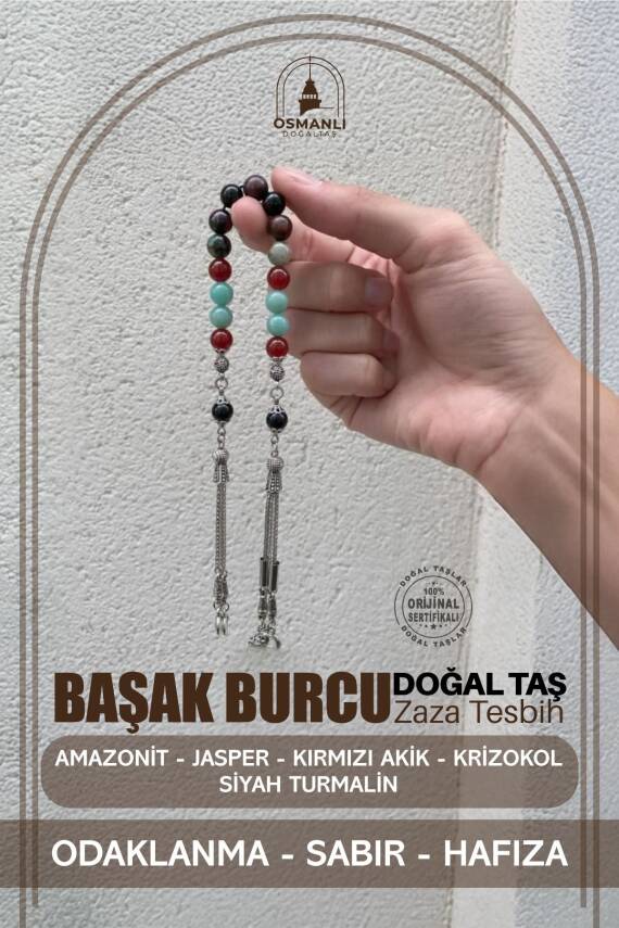 Başak Burcu Zaza Tesbih Doğal Taş Amazonit, Jasper, Kırmızı Akik, Krizokol, Siyah Turmalin - 2