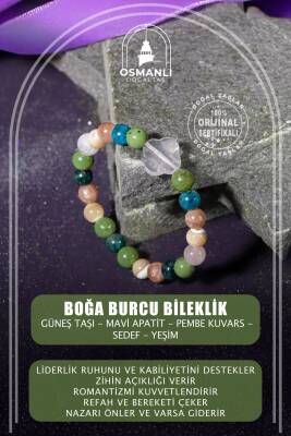 Boğa Burcu Bileklik Güneş Taşı, Mavi Apatit, Pembe Kuvars, Sedef, Yeşim - 2