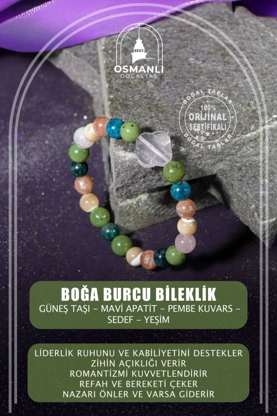 Boğa Burcu Bileklik Güneş Taşı, Mavi Apatit, Pembe Kuvars, Sedef, Yeşim - 2