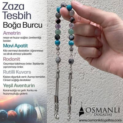 Boğa Burcu Zaza Tesbih Doğal Taş Ametrin, Mavi Apatit, Rodonit, Rutilli Kuvars, Yeşil Aventurin - 3
