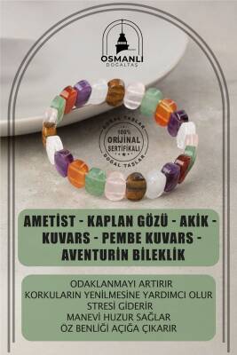 Çakra Bileklik Ametist, Kaplan Gözü, Akik, Kuvars, Pembe Kuvars, Aventurin - Osmanlı Doğaltaş