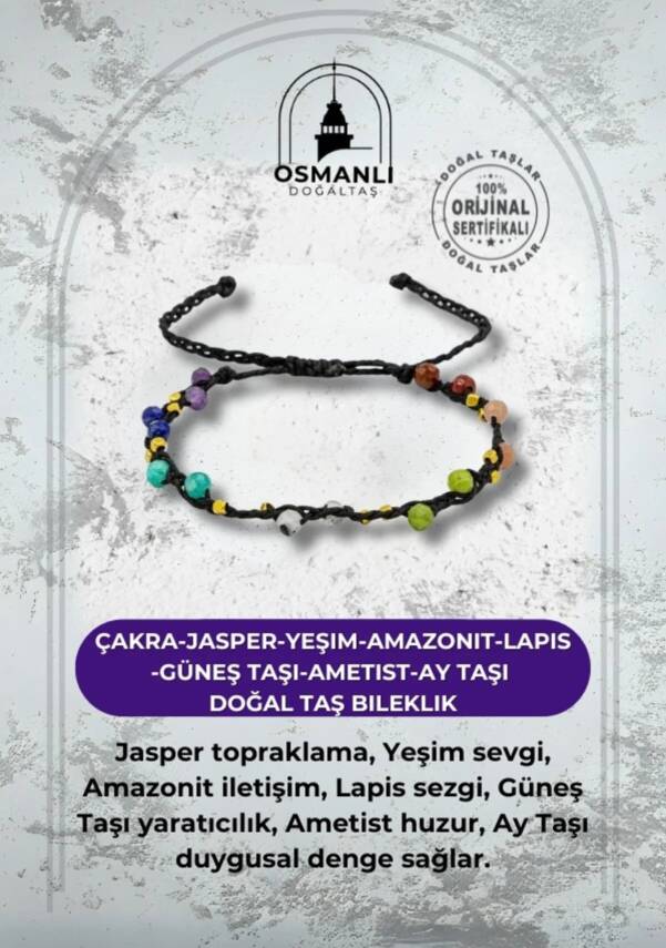 Çakra-Jasper-Yeşim-Amazonit-Lapis-Güneş Taşı-Ametist-Ay Taşı Doğal Taş Bileklik - 2