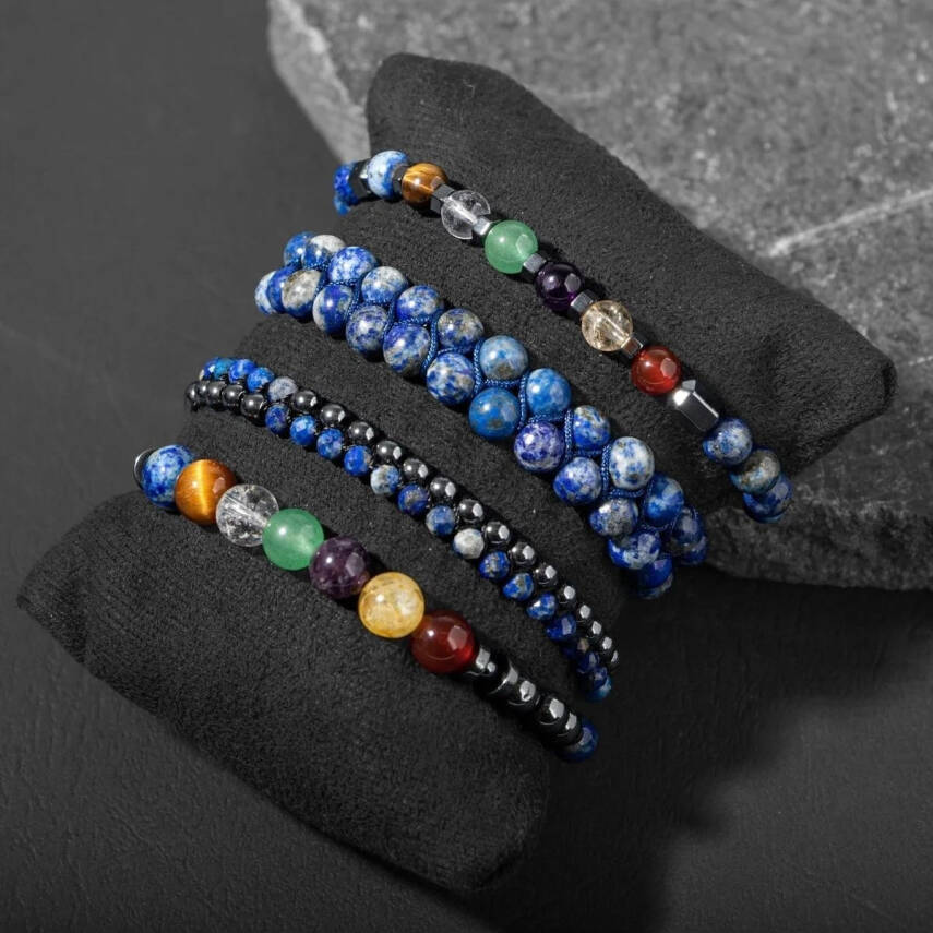 Çakra-Lapis Bileklik Seti Ametist, Kaplan Gözü, Akik, Kuvars, Lapis - 1