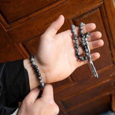 Gri Jasper-Karlı Obsidyen Doğal Taş Tesbih Bileklik Seti - 5