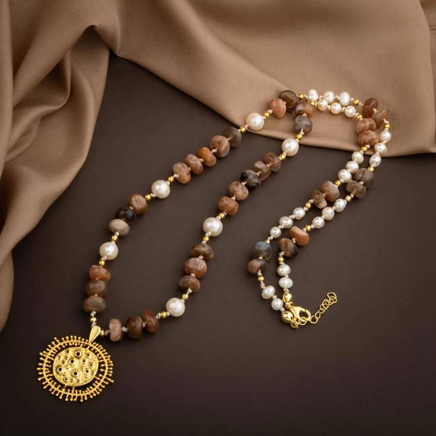 Güneş Taşı-İnci Doğal Taş Gümüş Tasarım Kolye - 60cm - 3