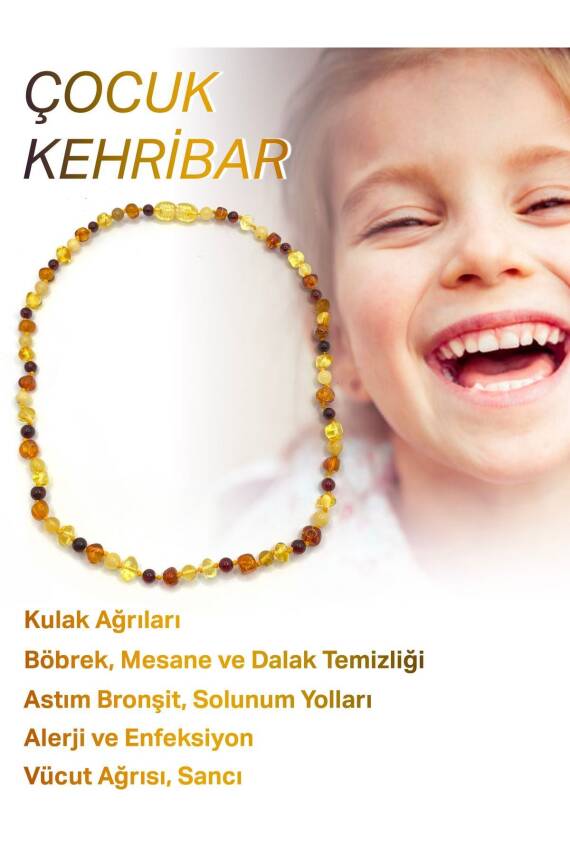 Hakiki Sertifikalı Çocuk Kehribar İpli Kopmaz Kolye 4-6 Yaş Kırmızı Turuncu Sarı Kehribar Doğal Taş - 1