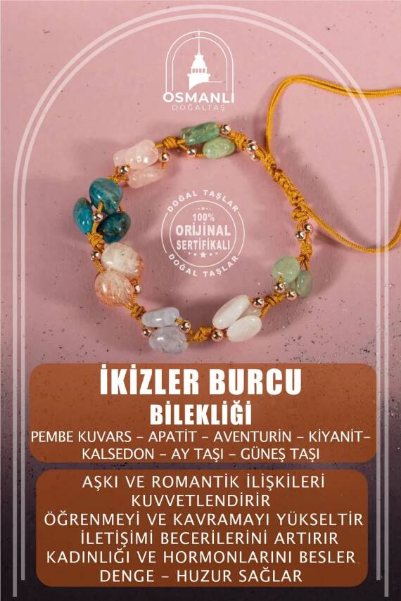İkizler Burcu Bileklik Ay Taşı, Güneş Taşı, Kalsedon, Kiyanit, Mavi Apatit, Pembe Kuvars, Yeşil Aventurin - 2