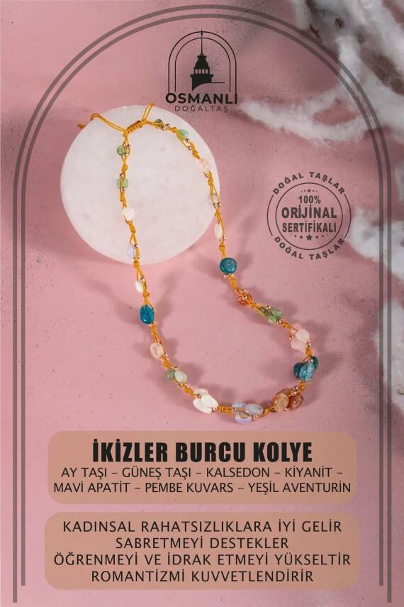 İkizler Burcu Kolye Ay Taşı, Güneş Taşı, Kalsedon, Kiyanit, Mavi Apatit, Pembe Kuvars, Yeşil Aventurin - 2