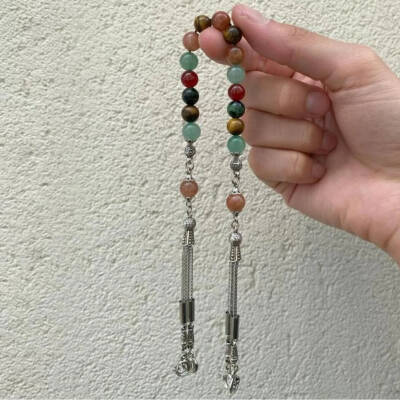 İkizler Burcu Zaza Tesbih Anyolit, Güneş Taşı, Kaplan Gözü, Kırmızı Akik, Yeşil Aventurin - Osmanlı Doğaltaş