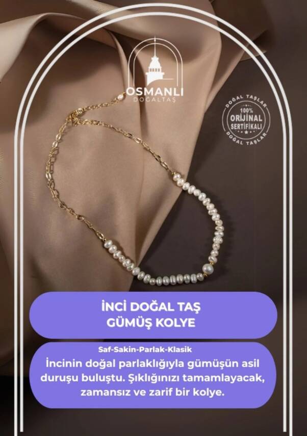 İnci Doğal Taş Gümüş Kolye - 2