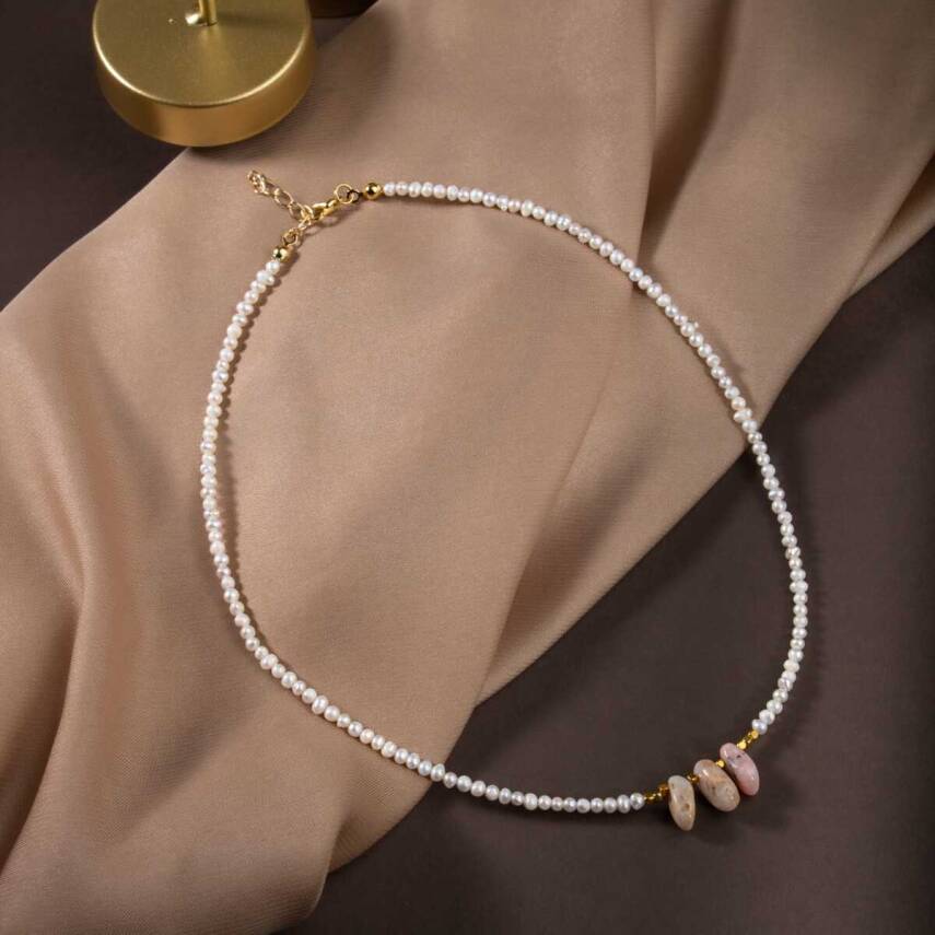 İnci-Pembe Opal Doğal Taş Gümüş Kolye - 1