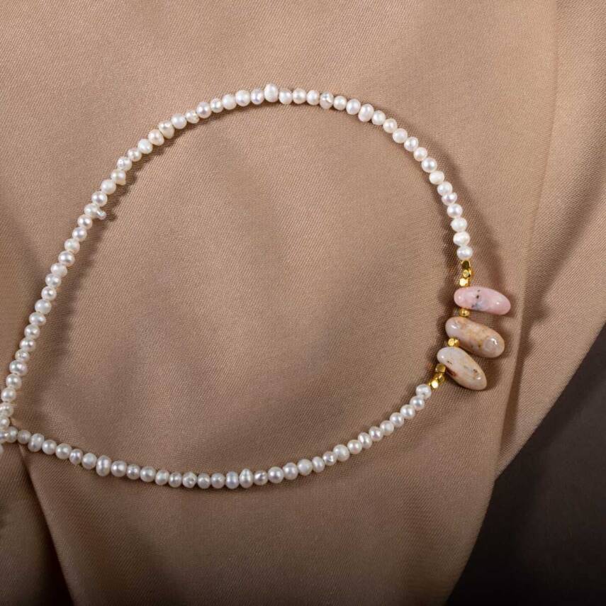 İnci-Pembe Opal Doğal Taş Gümüş Kolye - 3