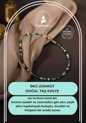 İnci-Zümrüt Doğal Taş Altın Kaplama Kapama Kolye - Osmanlı Doğaltaş