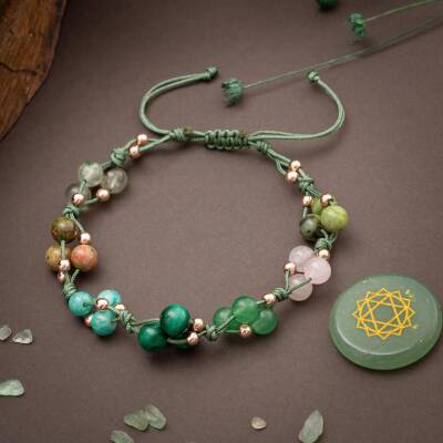 Kalp Çakrası Doğal Taş Bileklik - Prehnit-Unakit-Amazonit-Malakit-Aventurin-Pembe Kuvars-Yeşim - 2