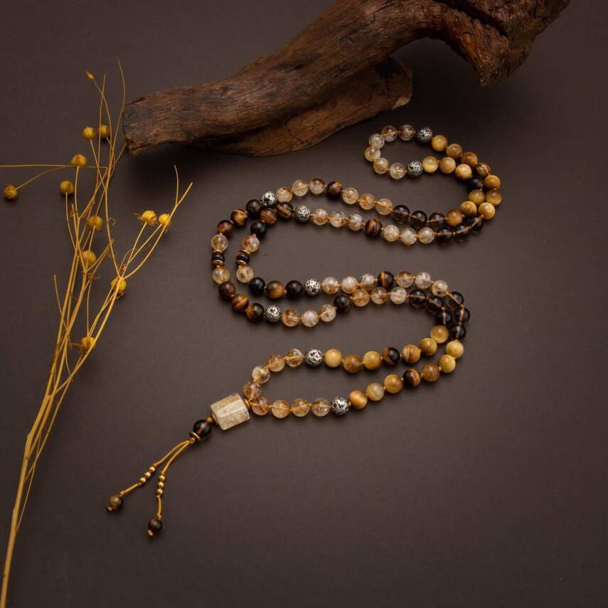 Kaplan Gözü-Sitrin-Lav Taşı Doğal Taş 108 Niyet Taşı Mala Kolyesi - 1
