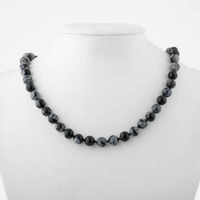 Karlı Obsidyen 8 mm Düğümlü Doğal Taş Kolye - Osmanlı Doğaltaş