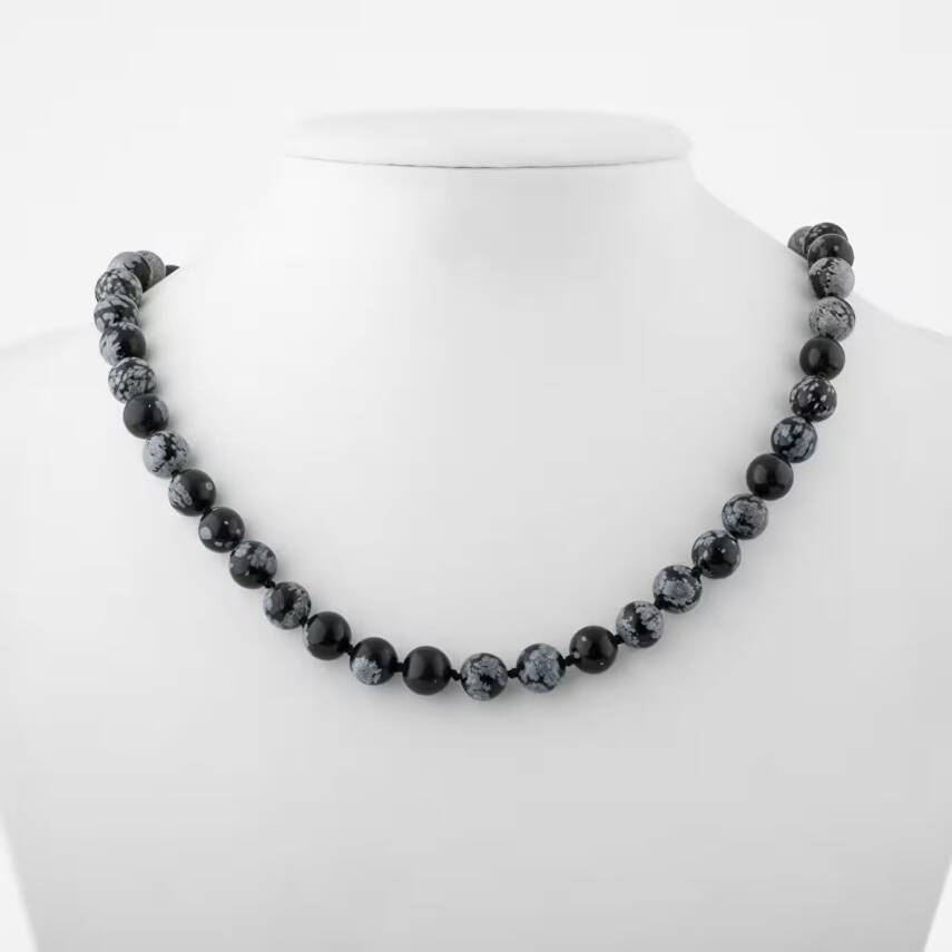 Karlı Obsidyen 8 mm Düğümlü Doğal Taş Kolye - 1