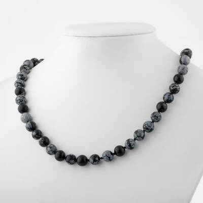 Karlı Obsidyen 8 mm Düğümlü Doğal Taş Kolye - 2