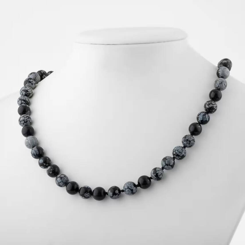 Karlı Obsidyen 8 mm Düğümlü Doğal Taş Kolye - 2