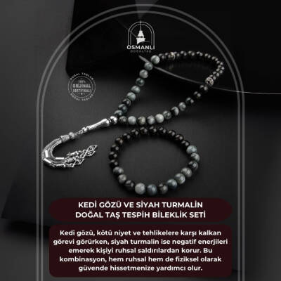 Kedi Gözü-Siyah Turmalin Doğal Taş Tesbih Bileklik Seti - Osmanlı Doğaltaş