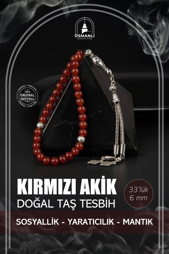 Kırmızı Akik Doğal Taş Tesbih 33lük - 6mm - 1