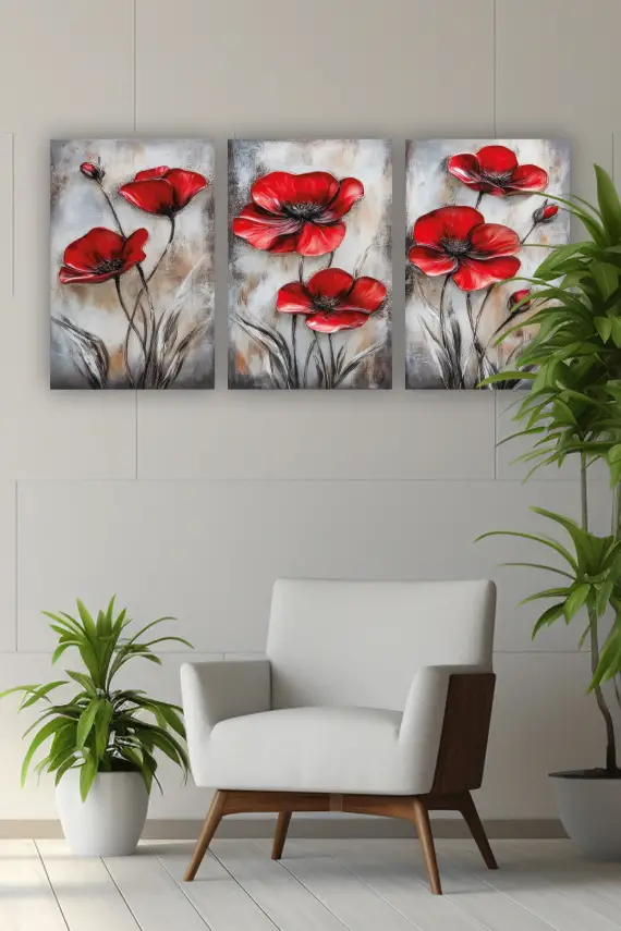 Kırmızı Çiçek 3lü Mdf Tablo - 1