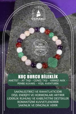 Koç Burcu Bileklik Ametist, Ay Taşı, Güneş Taşı, Kırmızı Akik, Pembe Kuvars, Yeşil Aventurin - 2