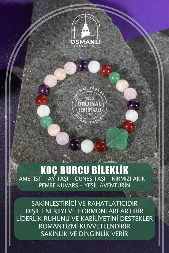 Koç Burcu Bileklik Ametist, Ay Taşı, Güneş Taşı, Kırmızı Akik, Pembe Kuvars, Yeşil Aventurin - 2