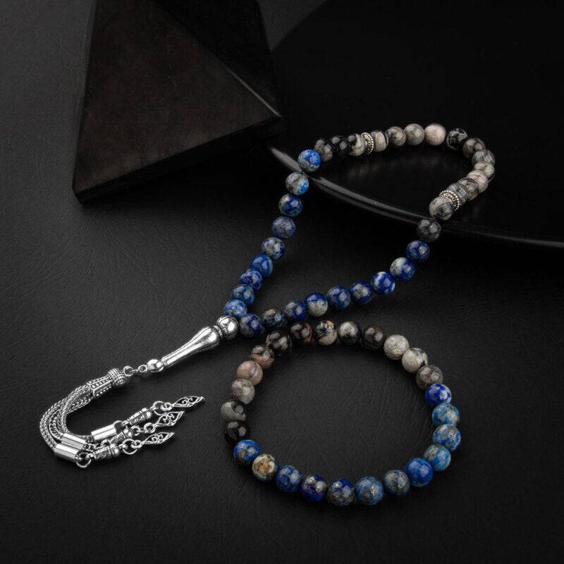 Lapis Lazuli-Jasper Doğal Taş Tesbih Bileklik Seti - 1