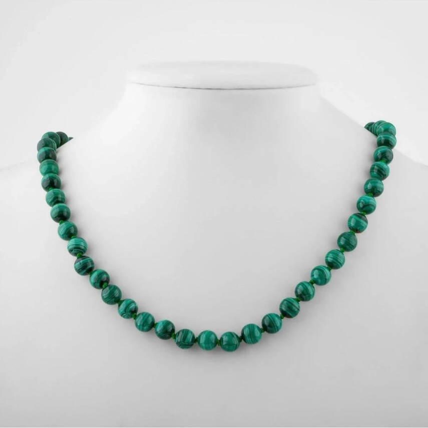 Malakit 8 mm Düğümlü Doğal Taş Kolye - 1
