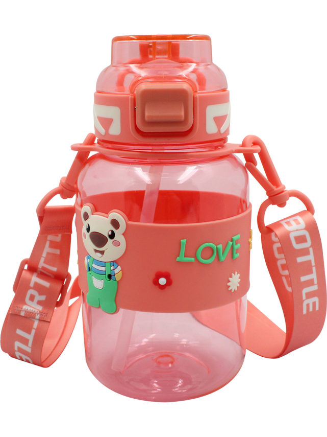 Noki Kids Su Matarası Turuncu Petg Pipetli Kapak Ayıcık Silikon Kemerli Askılı 800 ml - 1