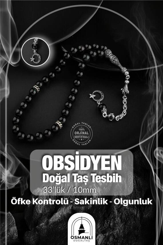 Obsidyen Doğal Taş 8mm Gümüş İmameli Tesbih - 1