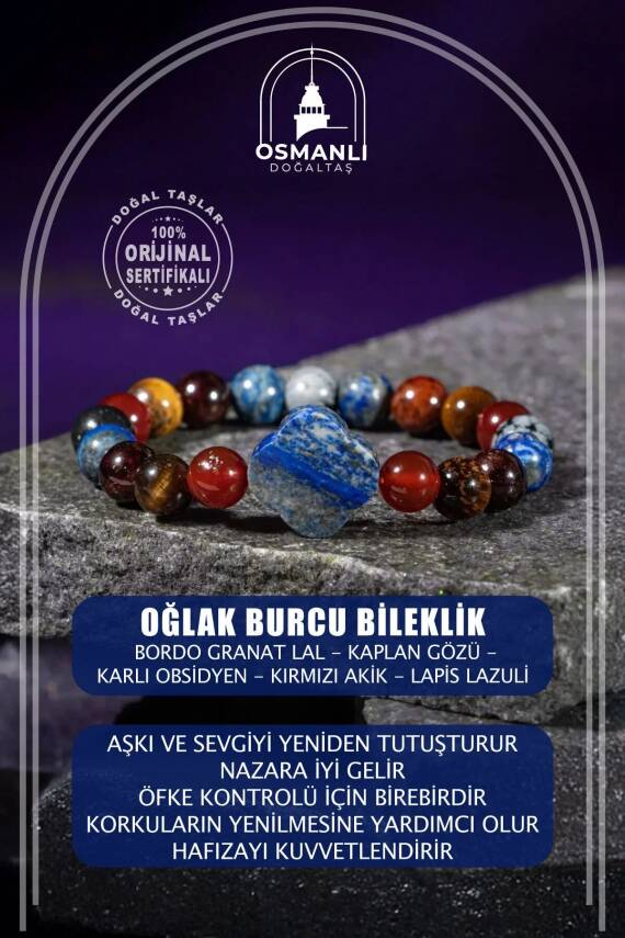 Oğlak Burcu Bileklik Bordo Granat Lal, Kaplan Gözü, Karlı Obsidyen, Kırmızı Akik, Lapis Lazuli - 2