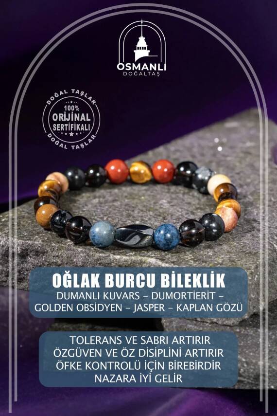 Oğlak Burcu Bileklik Dumanlı Kuvars, Dumortierit, Golden Obsidyen, Jasper, Kaplan Gözü - 2