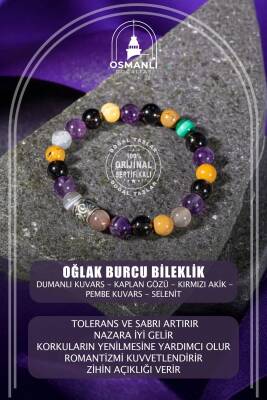 Oğlak Burcu Bileklik Dumanlı Kuvars, Kaplan Gözü, Kırmızı Akik, Pembe Kuvars, Selenit - 2