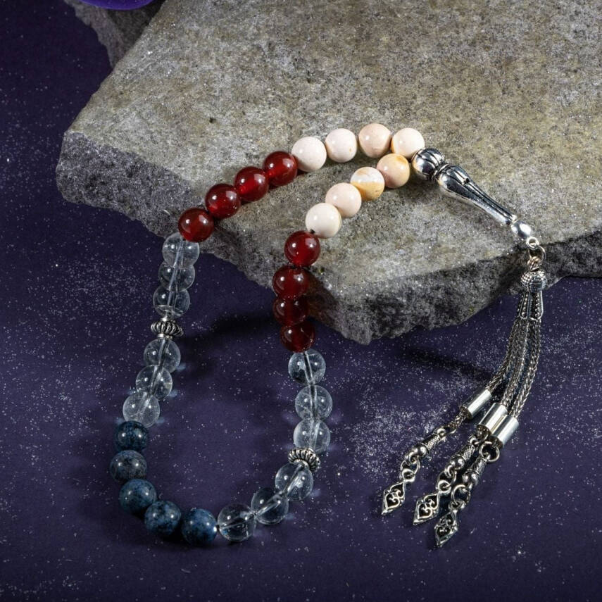 Oğlak Burcu Tesbih Dumortierit, Jasper, Kırmızı Akik, Kristal Kuvars - 1