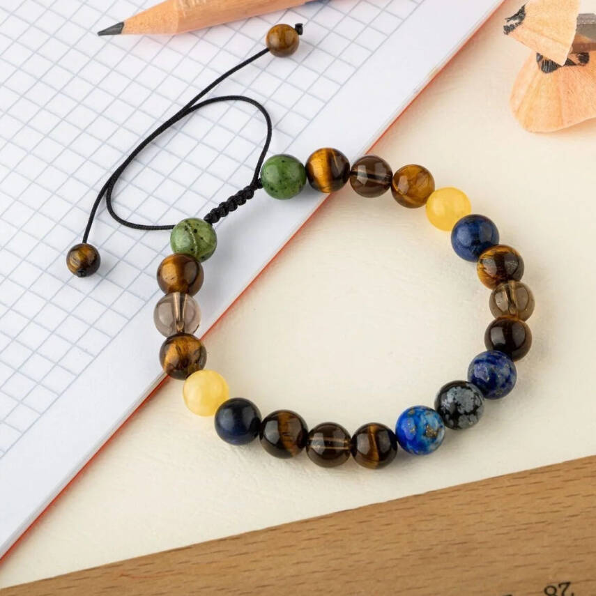 Öğrenci Doğal Taş Bileklik-Karlı Obsidyen-Lapis-Kaplan Gözü-Dumanlı Kuvars-Sodalit-Kalsit-Yeşim - 1