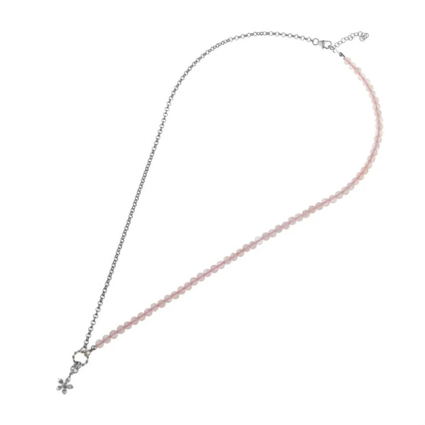 Pembe Kuvars Doğal Taş Gümüş Çiçekli Kolye - 50cm - 6