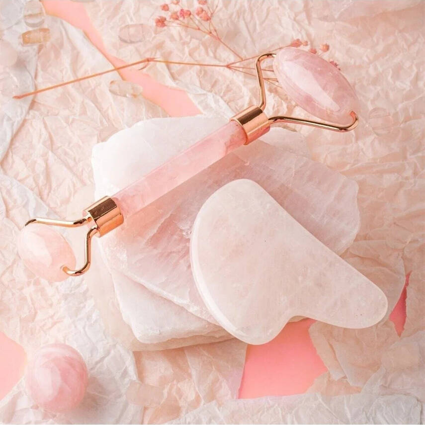 Pembe Kuvars Taşı Masaj Takımı - Roller ve Gua Sha Kalpli Set - 5