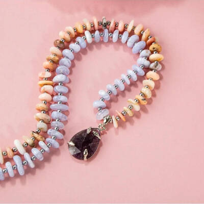 Pembe Opal-Mavi Akik-Hematit-Ametist Doğal Taş Kolye - 7