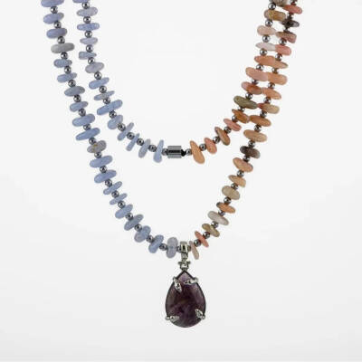 Pembe Opal-Mavi Akik-Hematit-Ametist Doğal Taş Kolye - 8