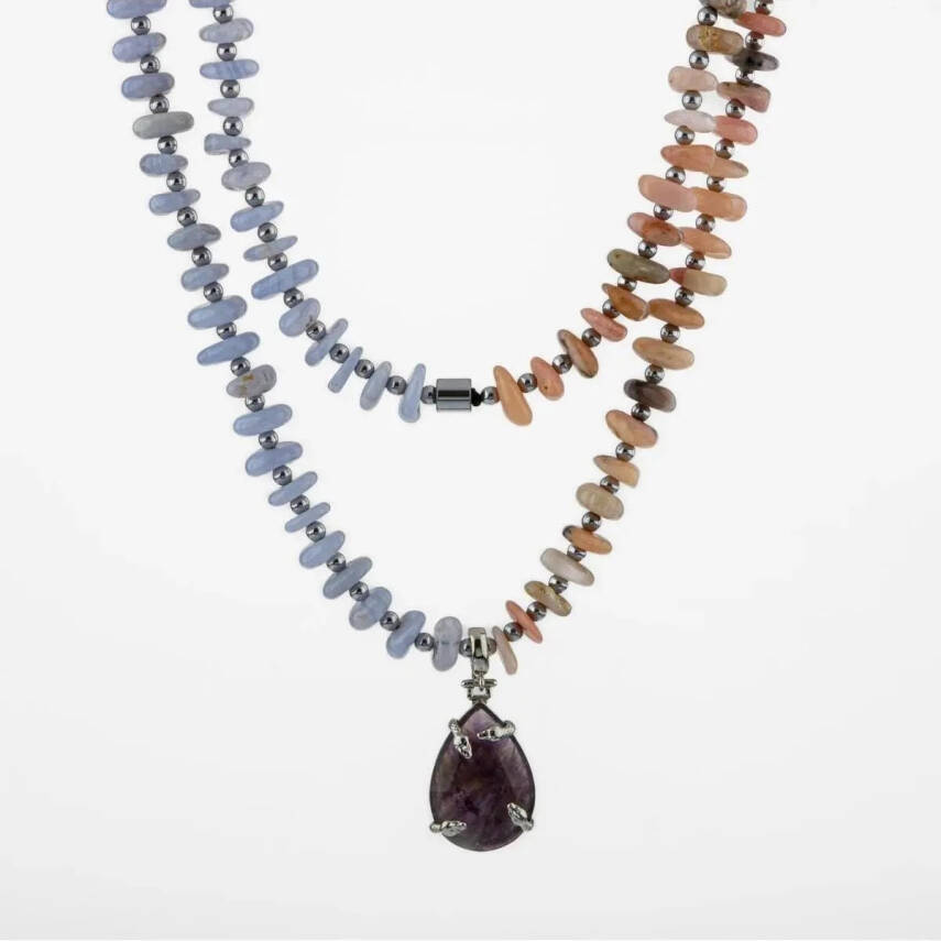 Pembe Opal-Mavi Akik-Hematit-Ametist Doğal Taş Kolye - 8