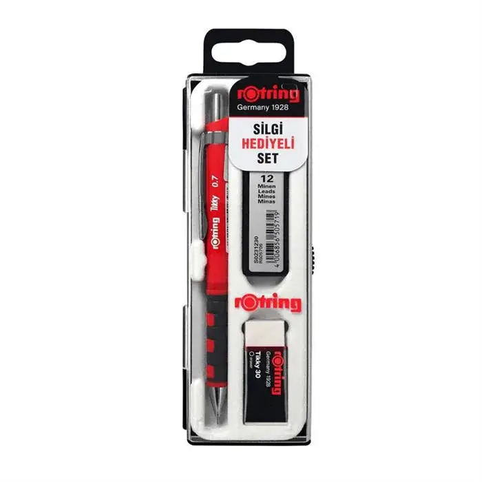 Rotring Tikky Kırmızı Okul Seti Uçlu Kalem + Uç + Silgi 0.7 mm 3 Lü Set - 1