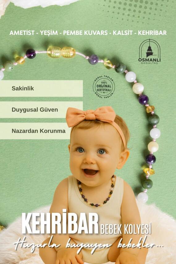 Sertifikalı Bebek Kehribar Kolye- Ametist-kehribar-kalsit-yeşim-pembe Kuvars - 1